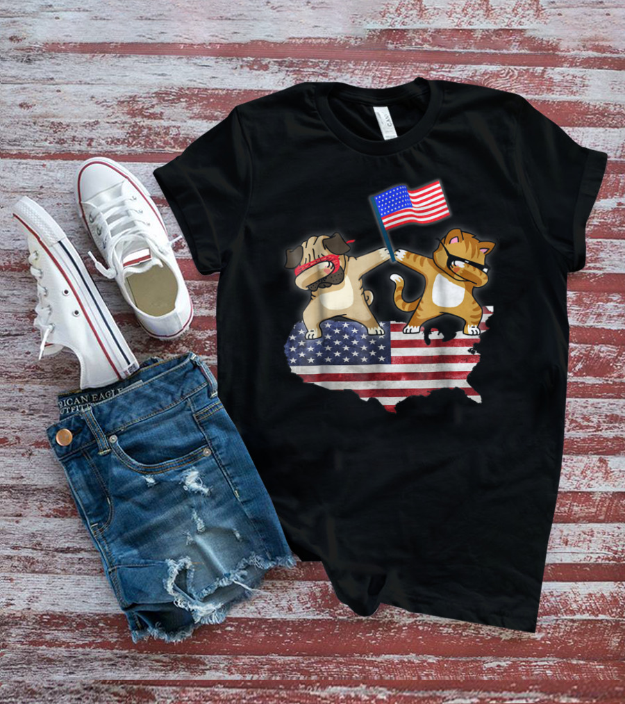 Dad Joke Loading Patriotic Pug And Cat Dabbing With American Flag USA Map T-Shirt