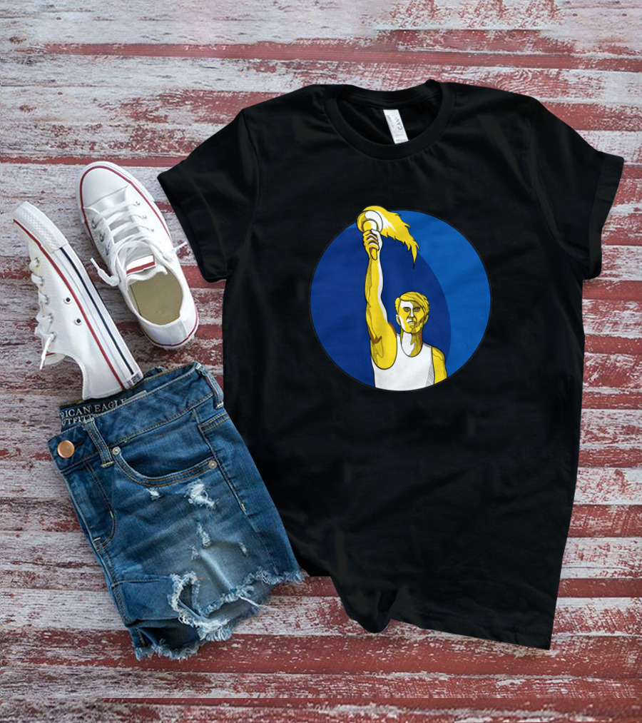 Athlete Holding Flaming Torch In Blue Circle Drawing T-Shirt