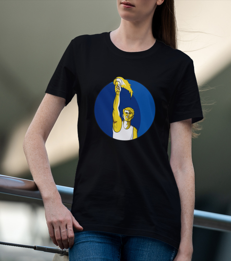 Athlete Holding Flaming Torch In Blue Circle Drawing T-Shirt