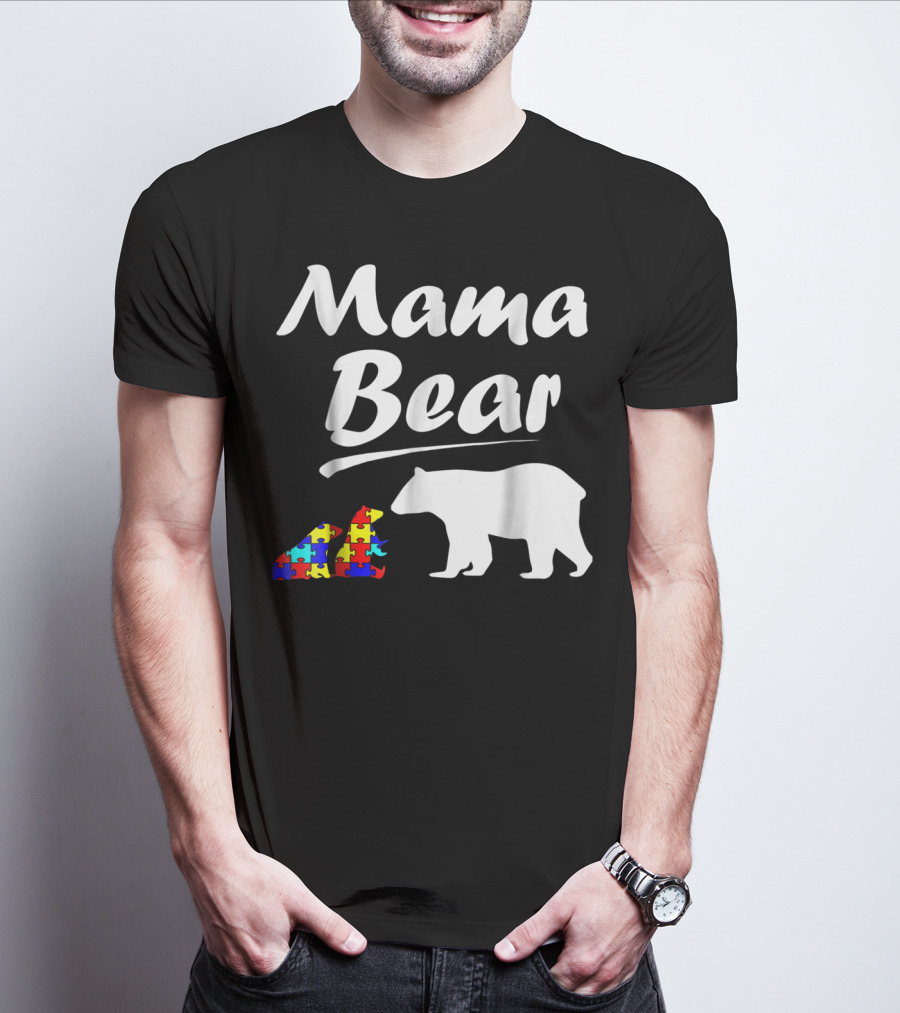 Mama Bear Autism Awareness Mom With Two Puzzle Piece Cubs T-Shirt