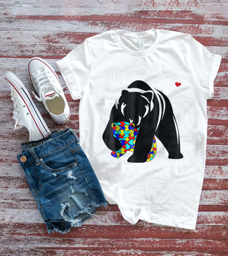 Mama Bear Autism Awareness Love Support Mom Puzzle Heart T-Shirt