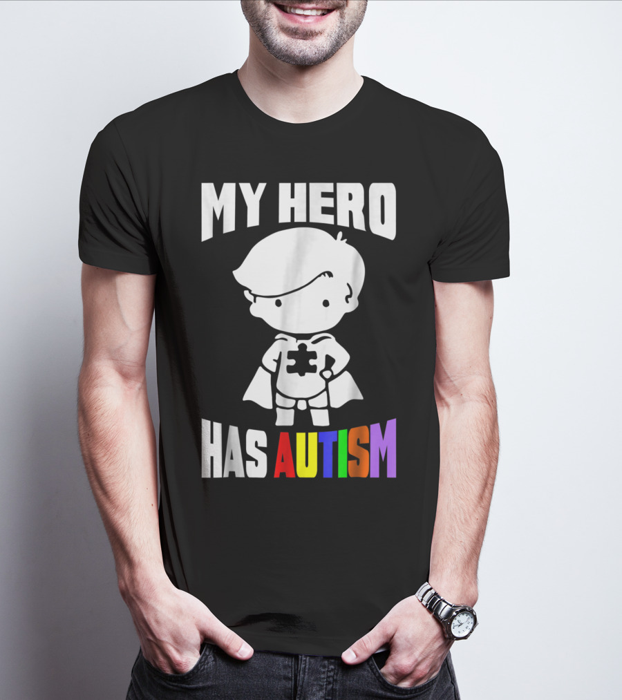 My Hero Has Autism Mom From Son56 Puzzle Cape Hero T-Shirt