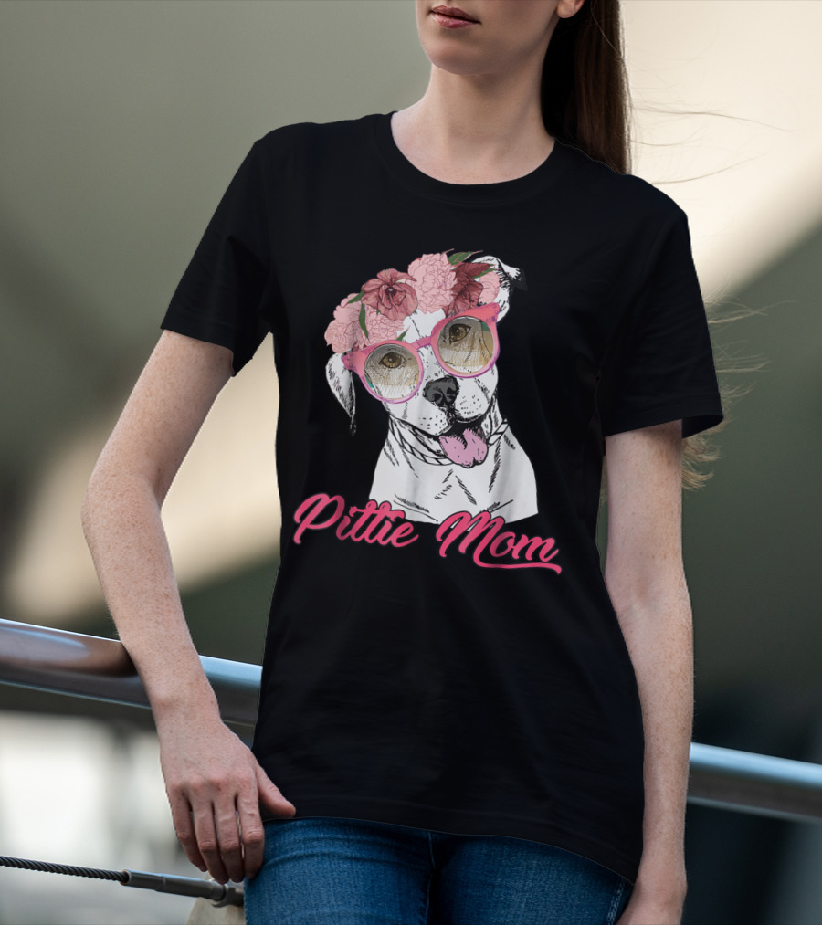 Pittie Mom With Flower Crown And Sunglasses Pitbull T-Shirt