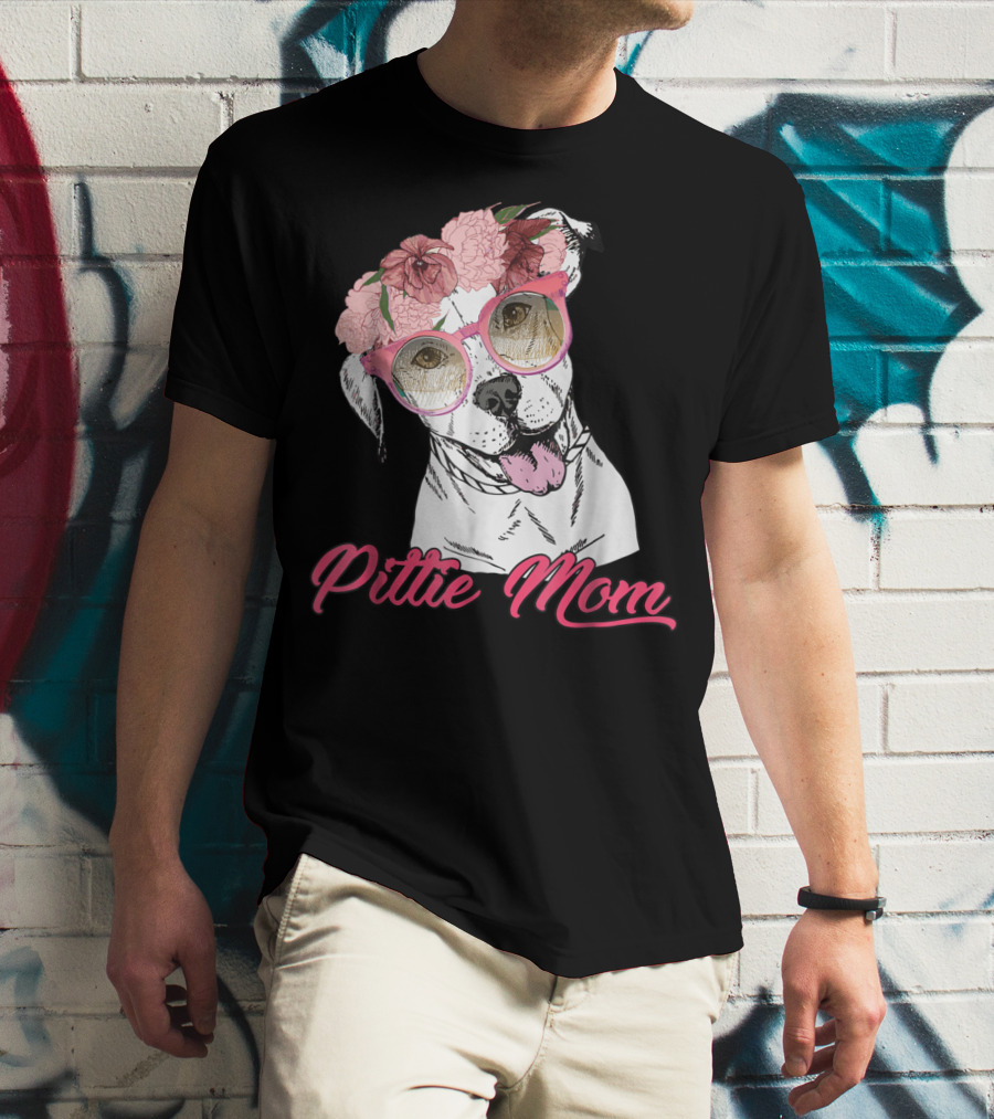 Pittie Mom With Flower Crown And Sunglasses Pitbull T-Shirt