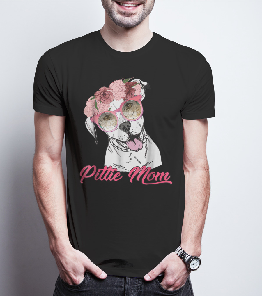 Pittie Mom With Flower Crown And Sunglasses Pitbull T-Shirt