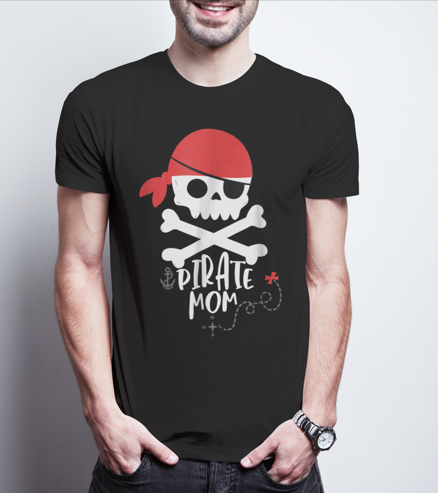 Pirate Mom Skull And Crossbones With Red Bandana Map Anchor T-Shirt