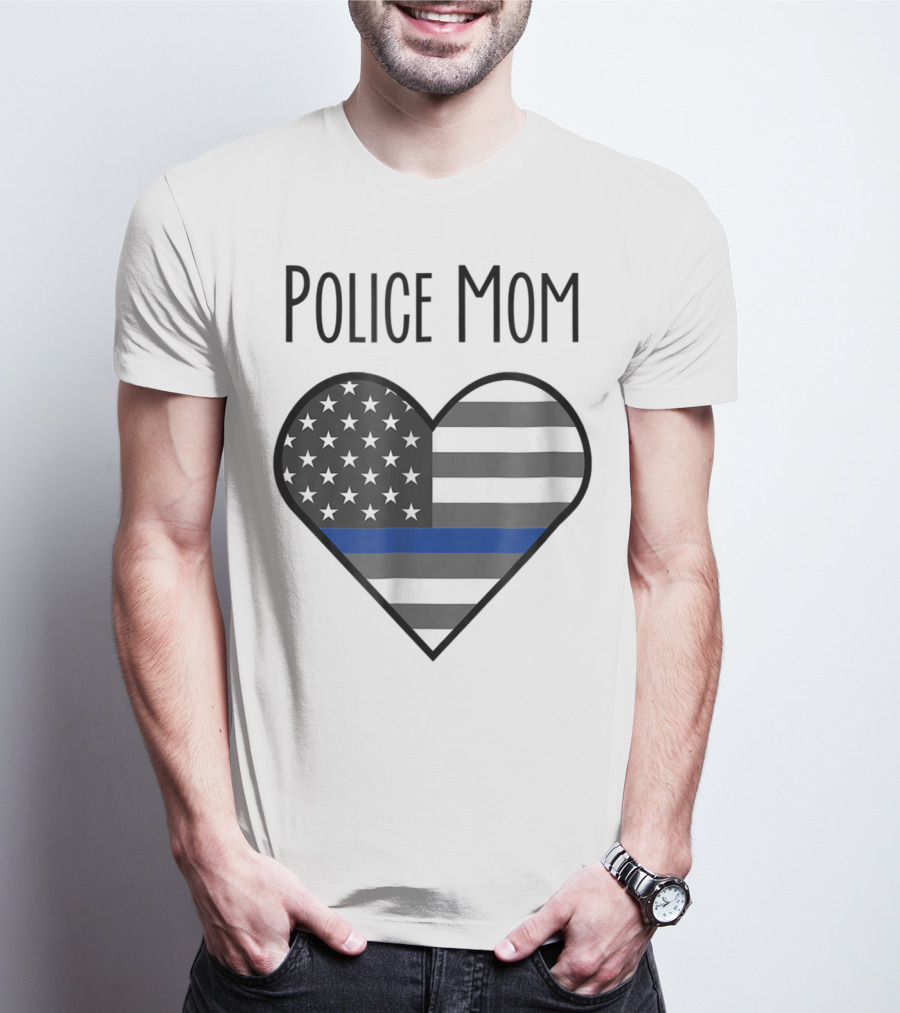 Police Mom Heart Thin Blue Line American Flag T-Shirt
