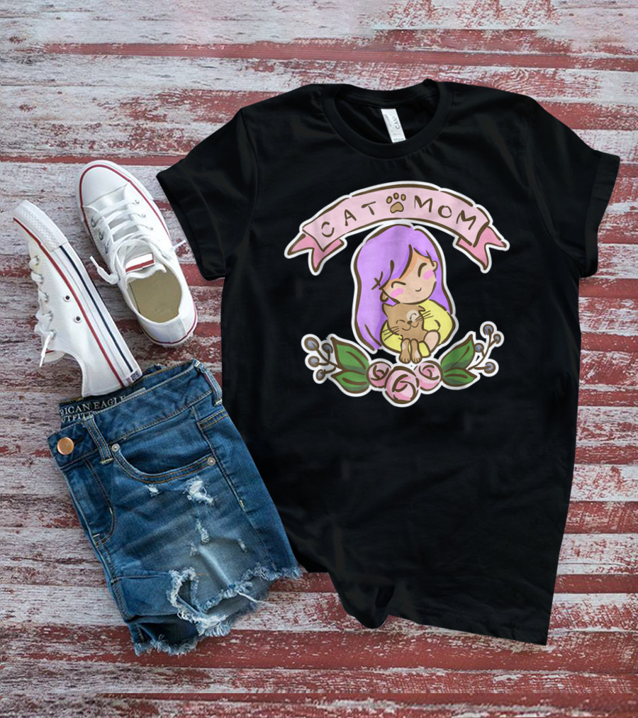 Cat Mom Cute Drawing With Purple Hair And Cat Hug T-Shirt
