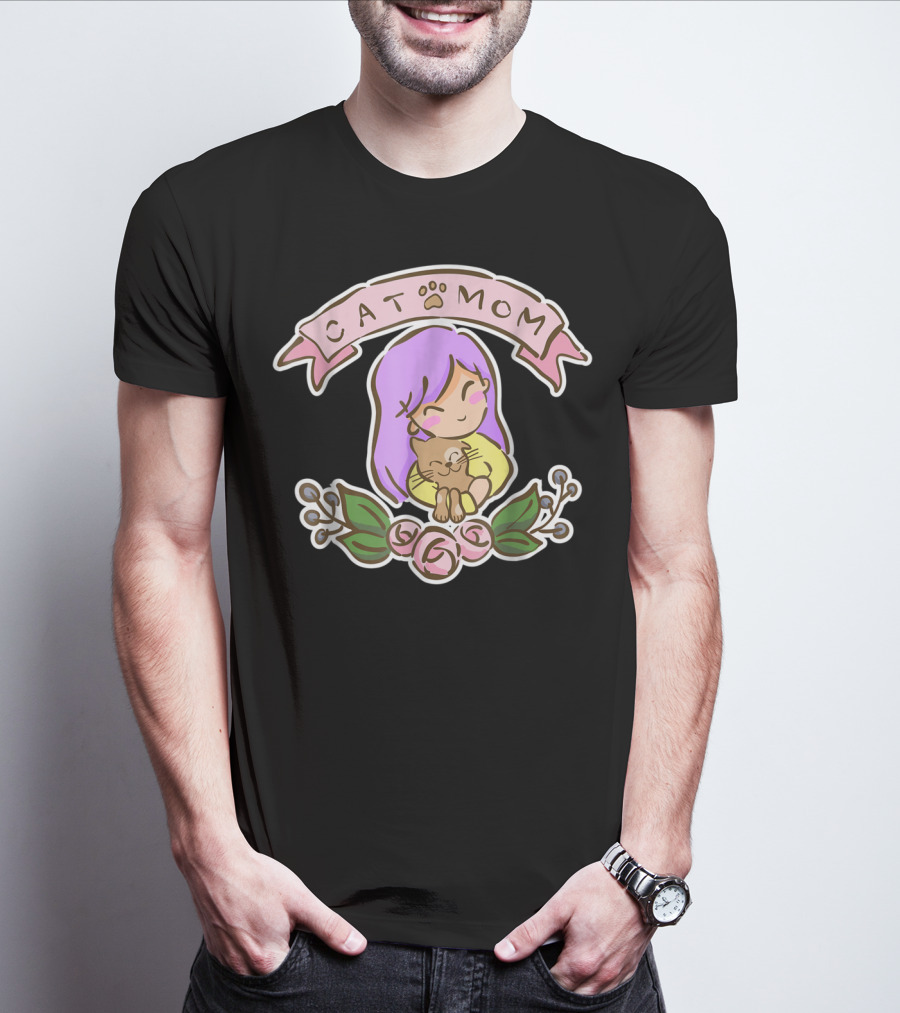 Cat Mom Cute Drawing With Purple Hair And Cat Hug T-Shirt