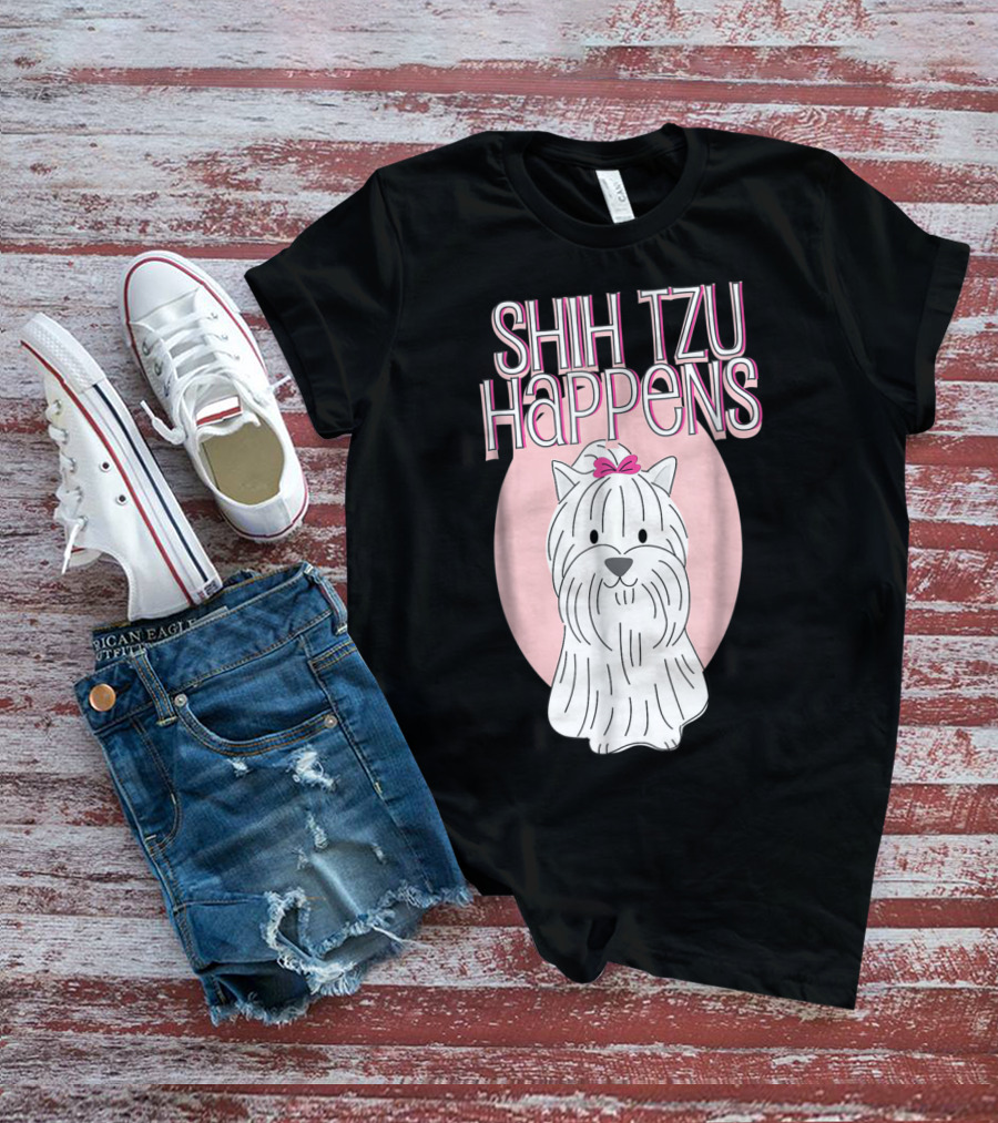 SHIH TZU HAPPENS DOG PINK BOW OVAL BACKGROUND T-Shirt