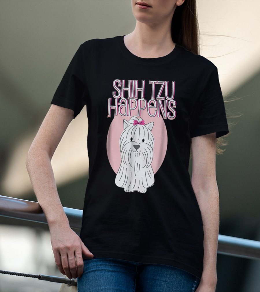 SHIH TZU HAPPENS DOG PINK BOW OVAL BACKGROUND T-Shirt