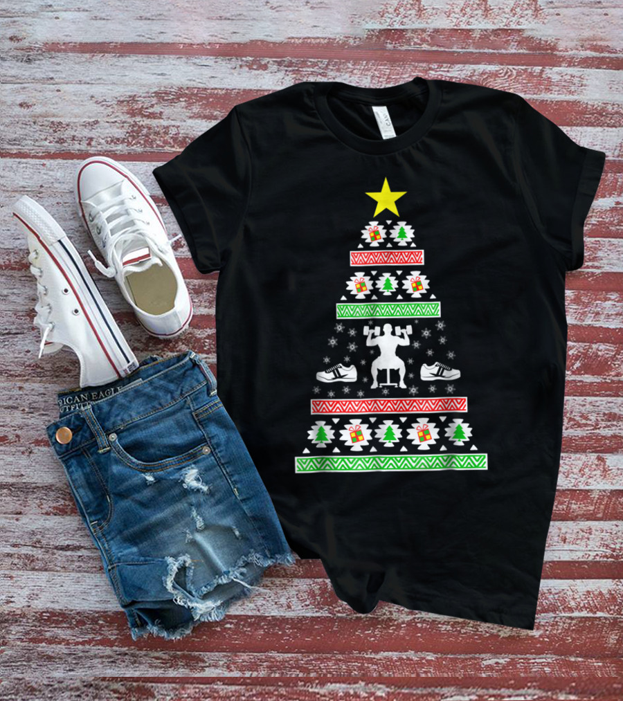 Christmas Tree Gym Lover Ugly Sweater Fitness Squats Shoes T-Shirt