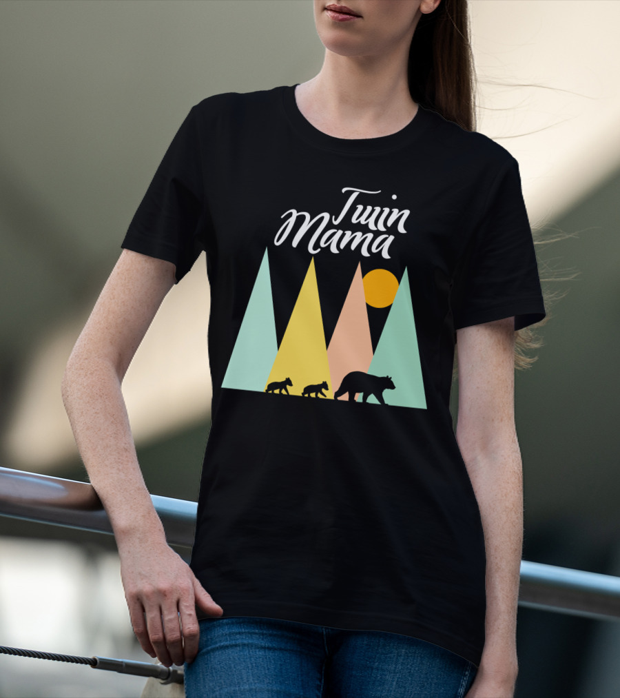 Twin Mama Bear Camping With Cubs In Forest T-Shirt