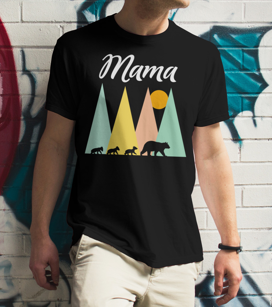 Mama Bear With Three Cubs Camping In The Mountains T-Shirt