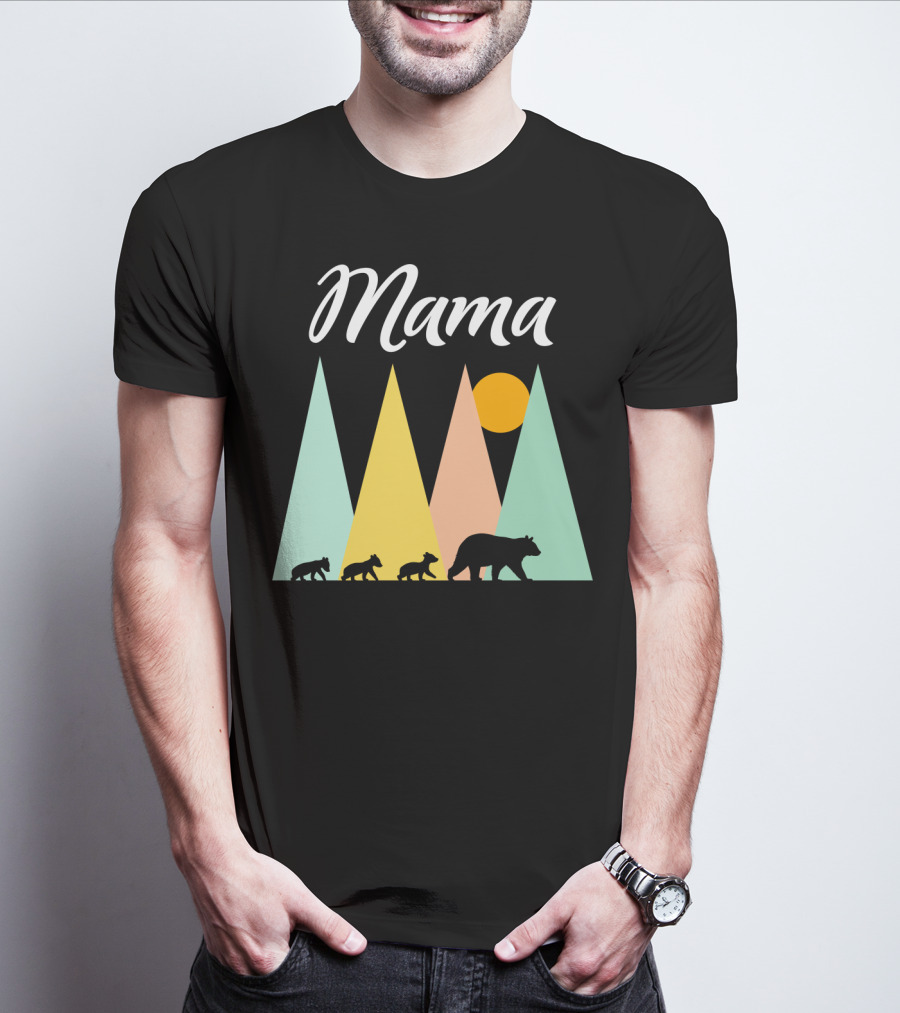 Mama Bear With Three Cubs Camping In The Mountains T-Shirt