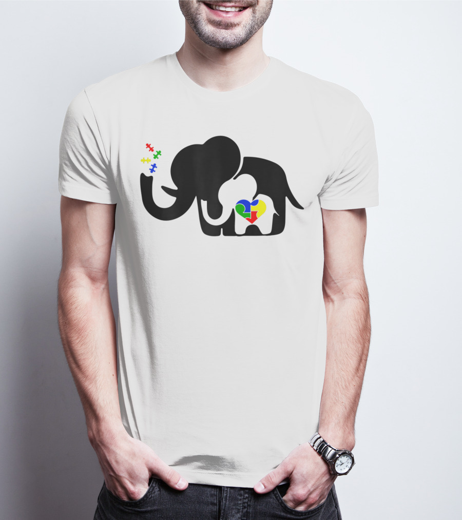 Autism Awareness Elephant With Puzzle Heart And Baby Elephant For Autism Mom T-Shirt