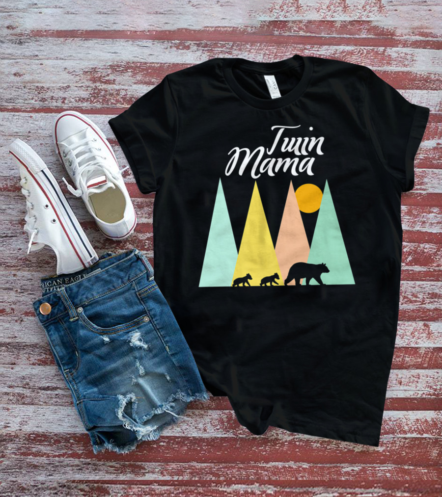 Twin Mama Bear With Cubs In Colorful Forest Scene T-Shirt