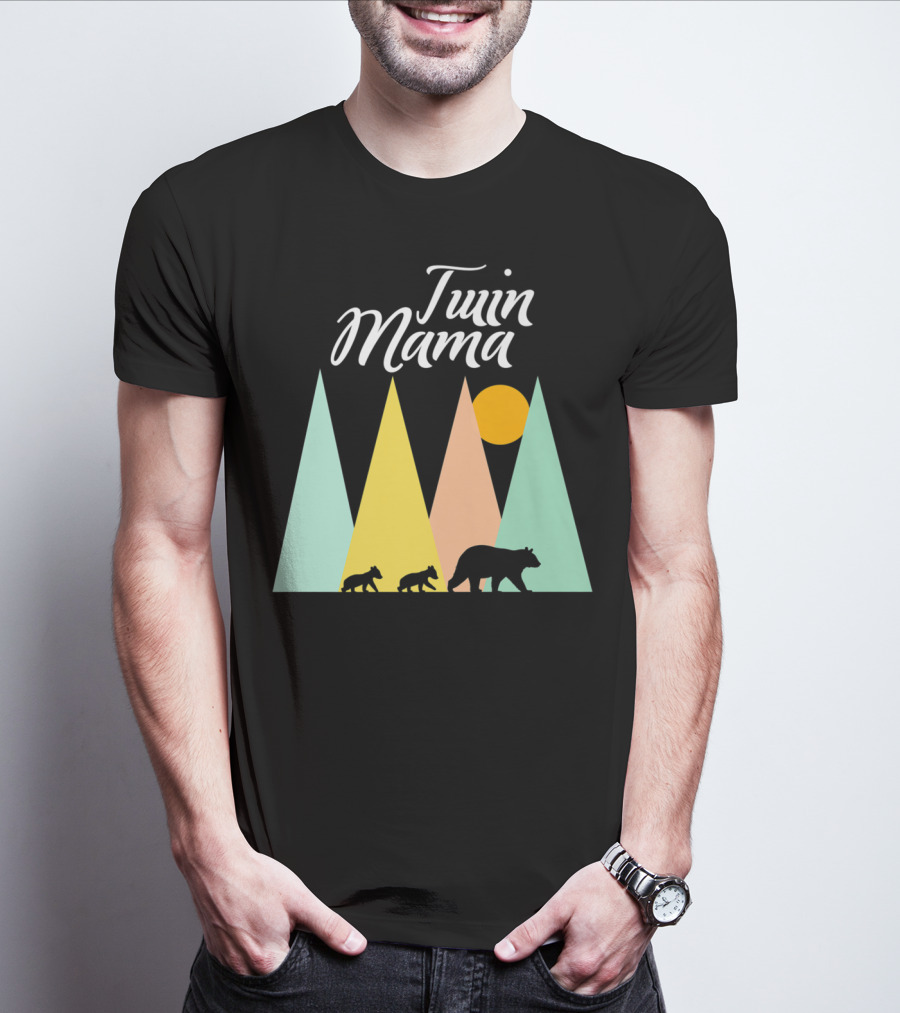 Twin Mama Bear With Cubs In Colorful Forest Scene T-Shirt