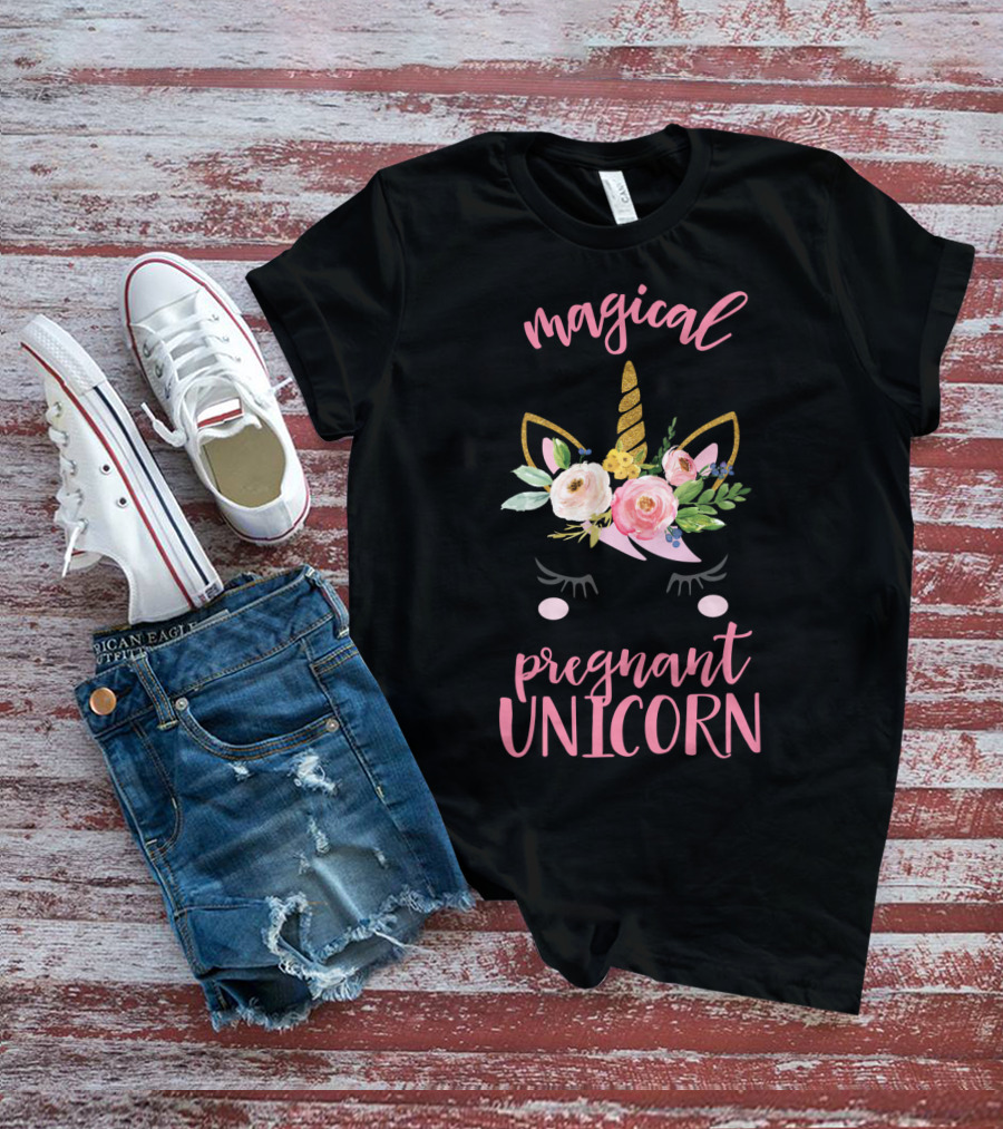 Magical Pregnant Unicorn Floral Horn T-Shirt