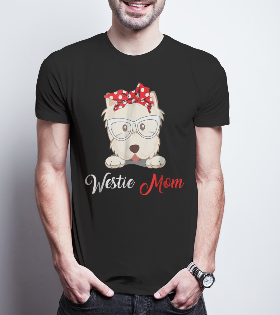 Westie Mom Glasses And Red Bow Dog Mom T-Shirt