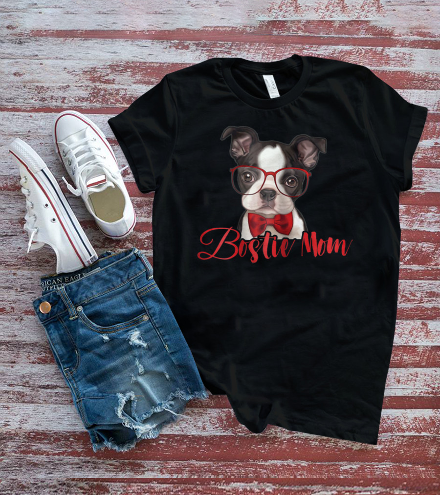 Bostie Mom Funny Boston Dog With Glasses And Bow Tie T-Shirt