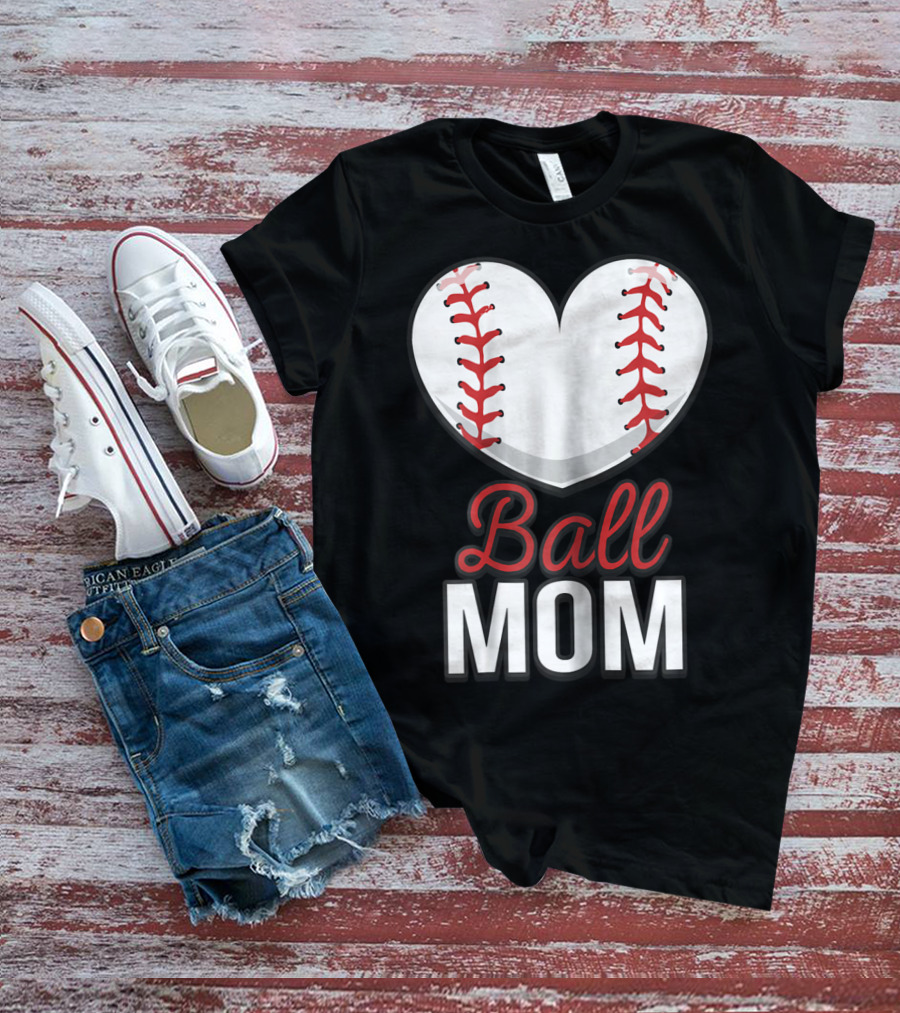 Ball Mom Heart Baseball Softball Mom T-Shirt