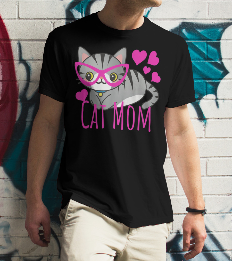 Cute Kawaii Cat Mom With Pink Glasses And Hearts T-Shirt