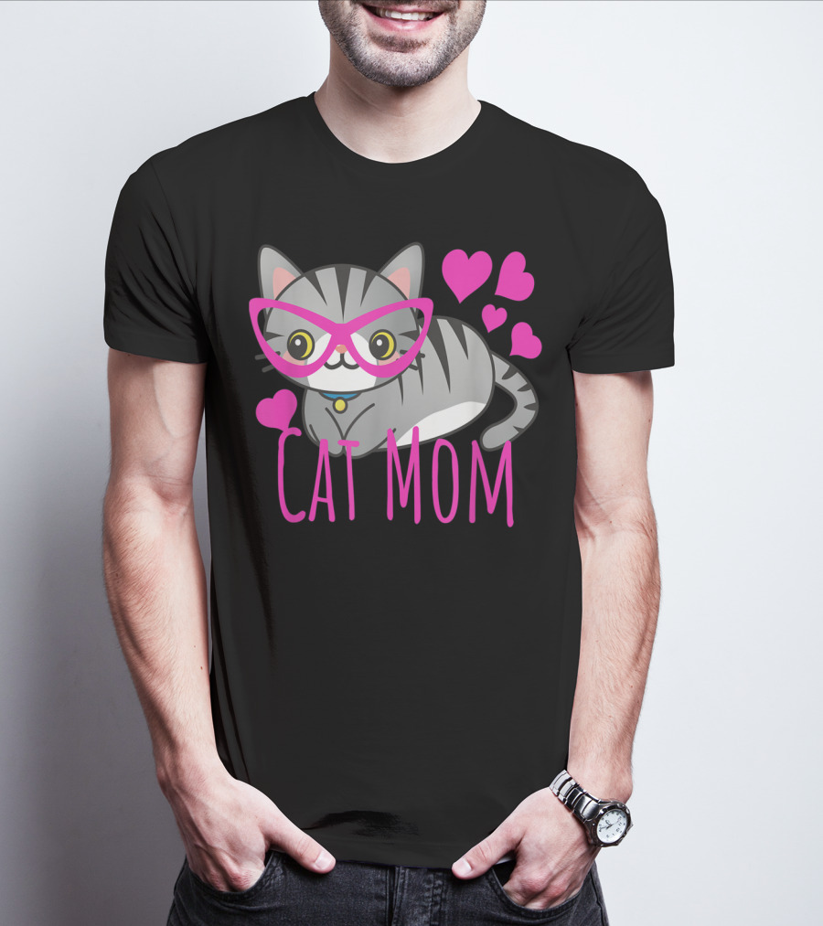 Cute Kawaii Cat Mom With Pink Glasses And Hearts T-Shirt