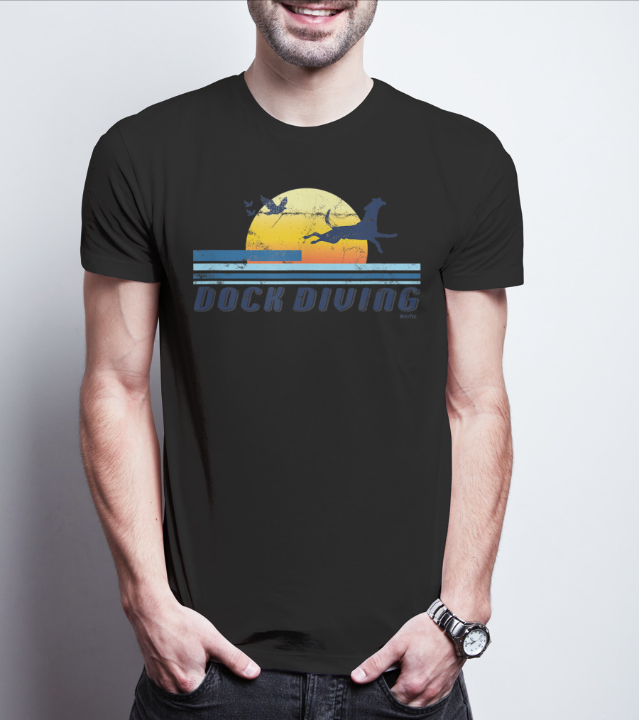 Dock Diving Jumping Dog Mom Dad Retro Sunset T-Shirt