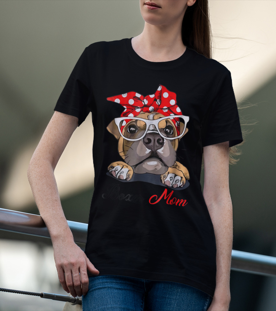 Boxer Mom Funny Boxer Dog With Glasses And Red Polka Dot Bandana T-Shirt