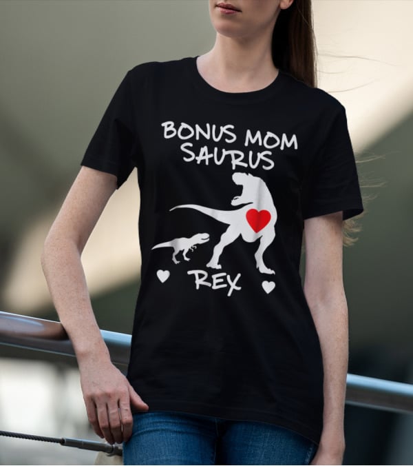 Bonus Mom Saurus Rex Dinosaur Hearts T-Shirt