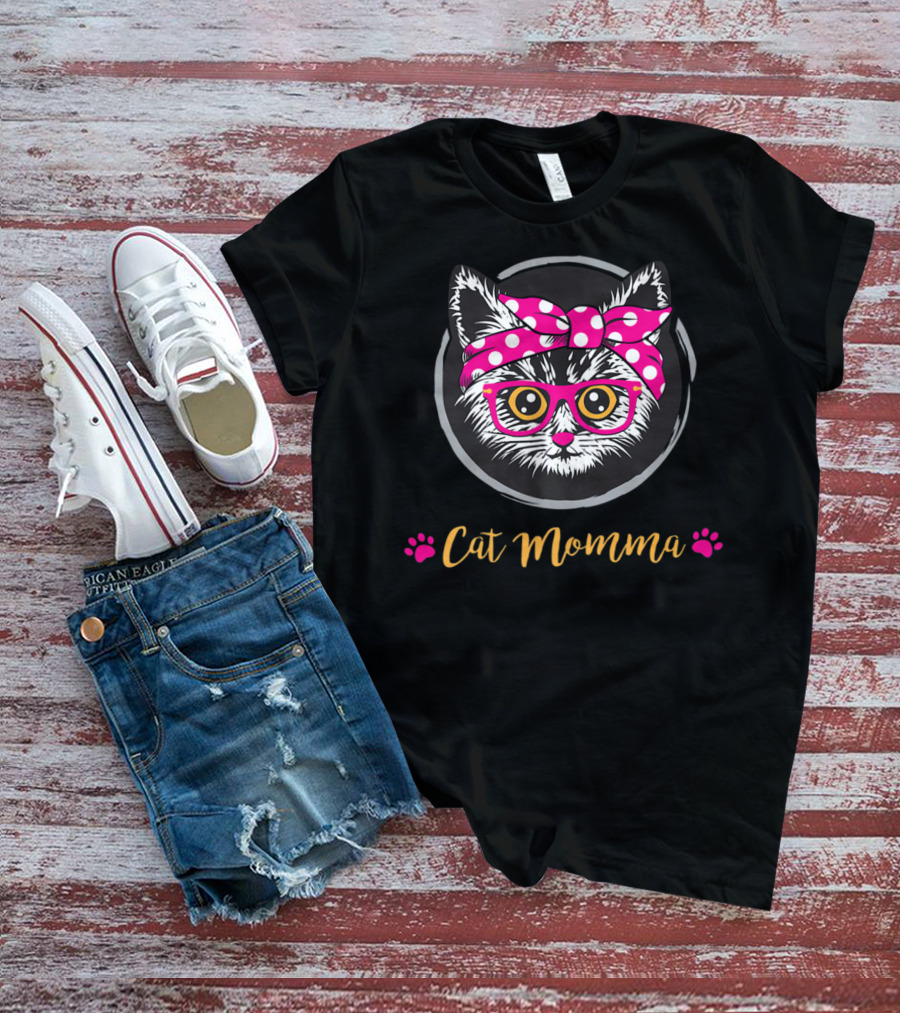 Cat Momma Pink Bow Glasses Paws T-Shirt