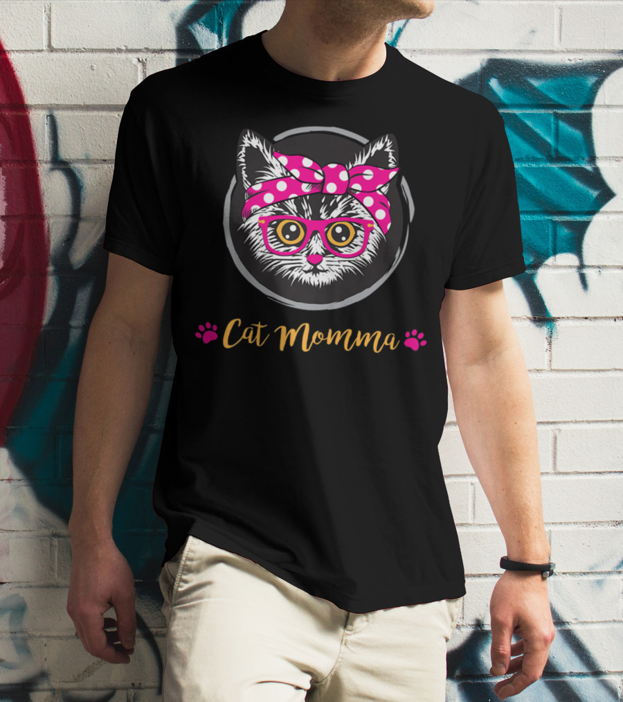 Cat Momma Pink Bow Glasses Paws T-Shirt