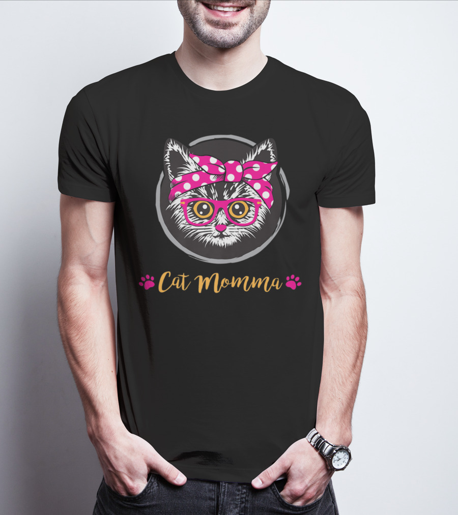 Cat Momma Pink Bow Glasses Paws T-Shirt