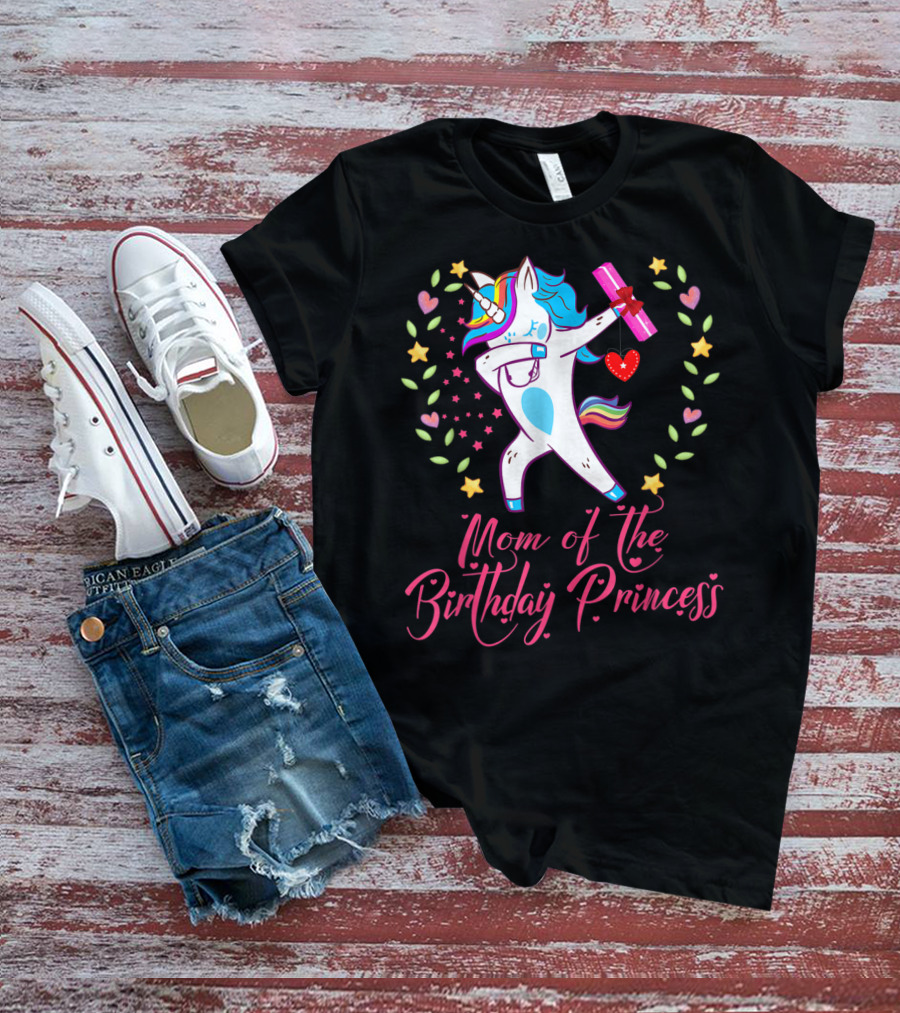 Mom Of The Birthday Princess Unicorn Stars Hearts Rainbow T-Shirt