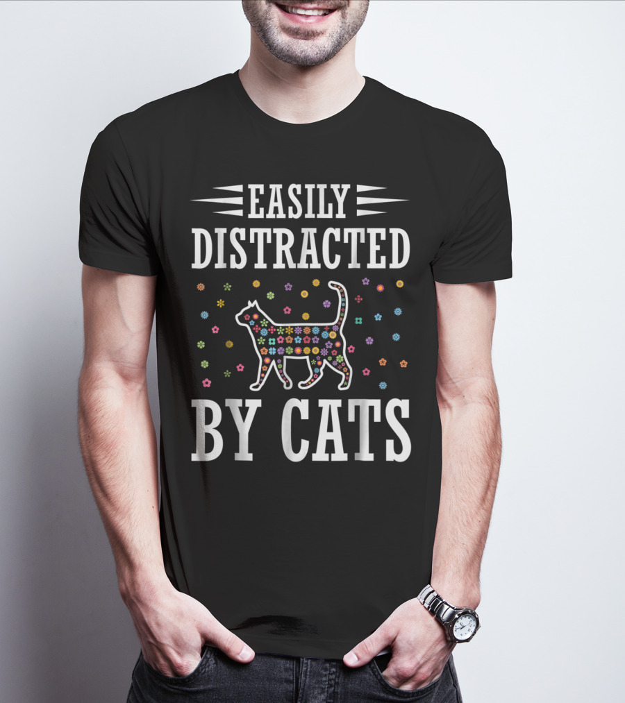 Easily Distracted By Cats Colorful Floral Cat T-Shirt