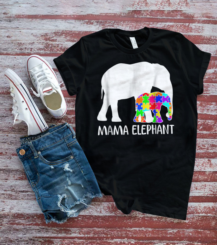 Mama Elephant Autism Awareness Puzzle Elephant Mother T-Shirt