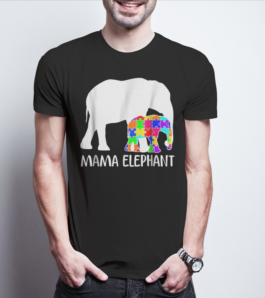 Mama Elephant Autism Awareness Puzzle Elephant Mother T-Shirt