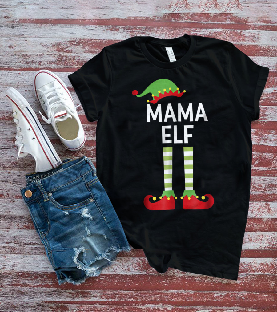 Mama Elf Mom Cute Matching Family Christmas Elves Green Hat Red Shoes Striped Socks T-Shirt