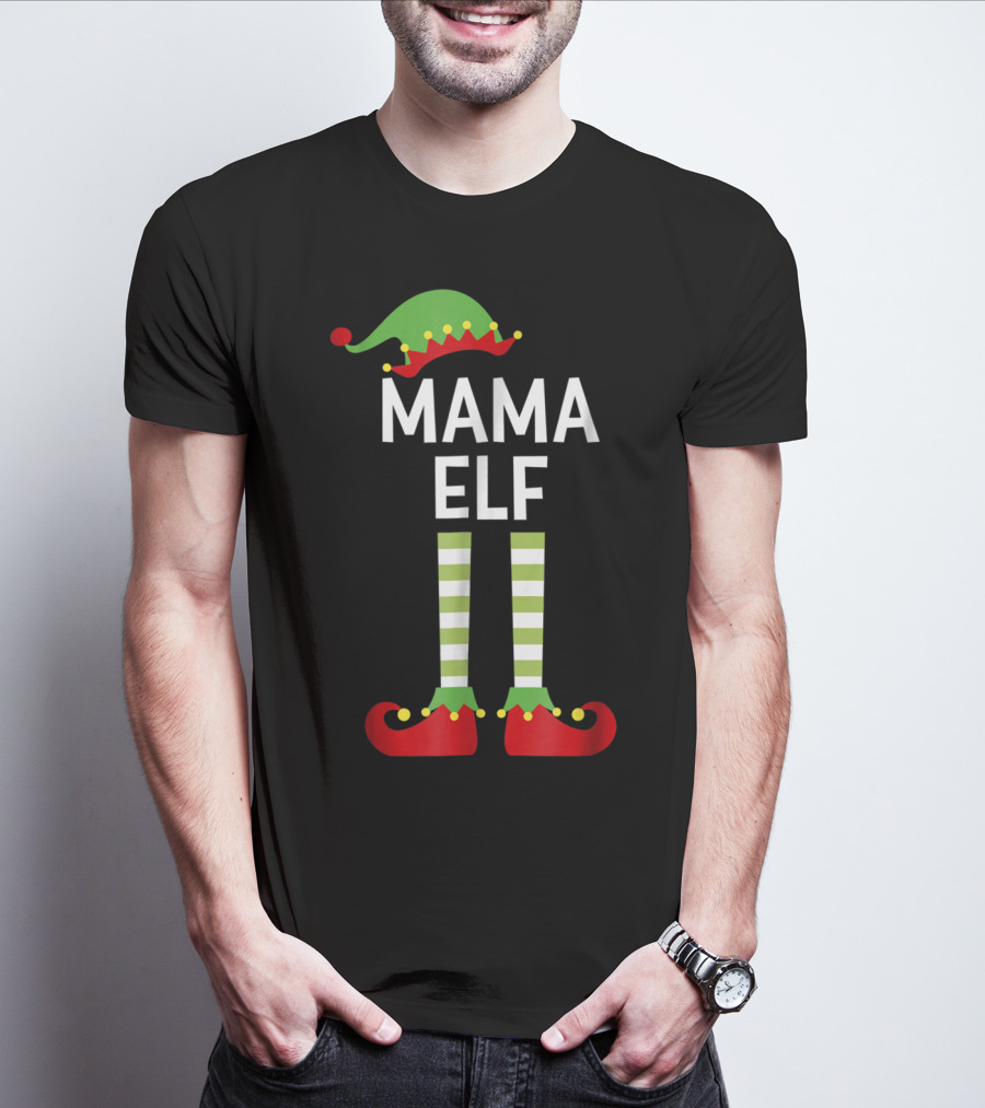 Mama Elf Mom Cute Matching Family Christmas Elves Green Hat Red Shoes Striped Socks T-Shirt