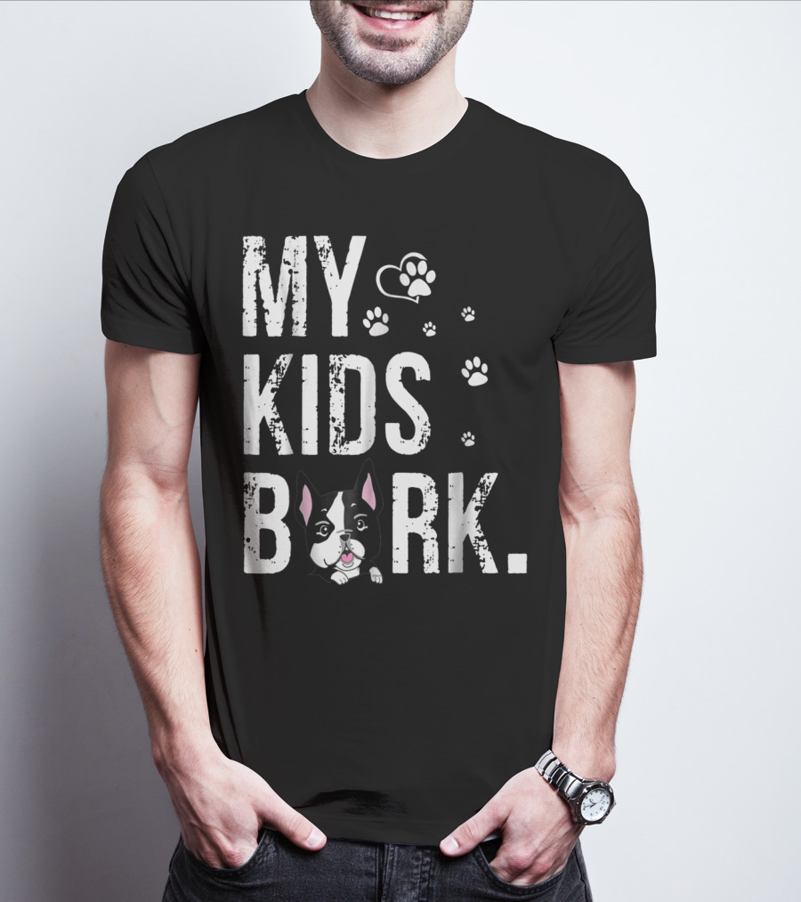 MY KIDS BARK Dog Paws Heart Icon Boston Terrier T-Shirt