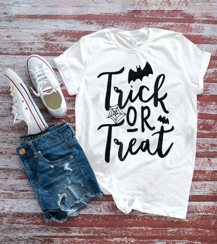 Trick Or Treat Halloween Kids Dad Teacher Mom Wife4 Spooky Bat And Cobweb T-Shirt