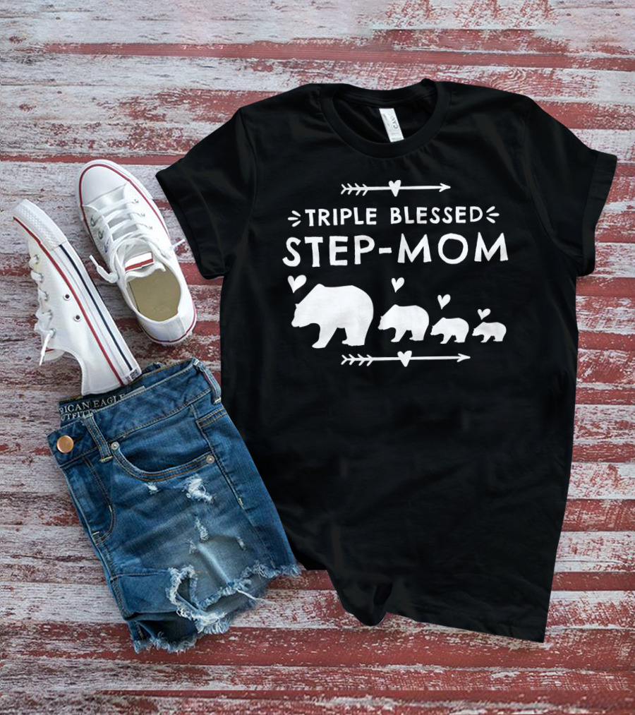 Triple Blessed Step-Mom Bear With Heart And Arrow Motif T-Shirt