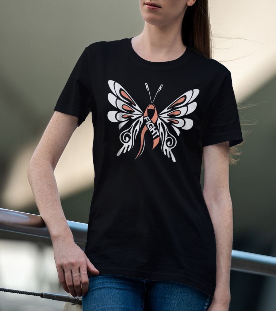 Uterine Cancer Awareness Butterfly Warrior Fight Ribbon Mom2 T-Shirt
