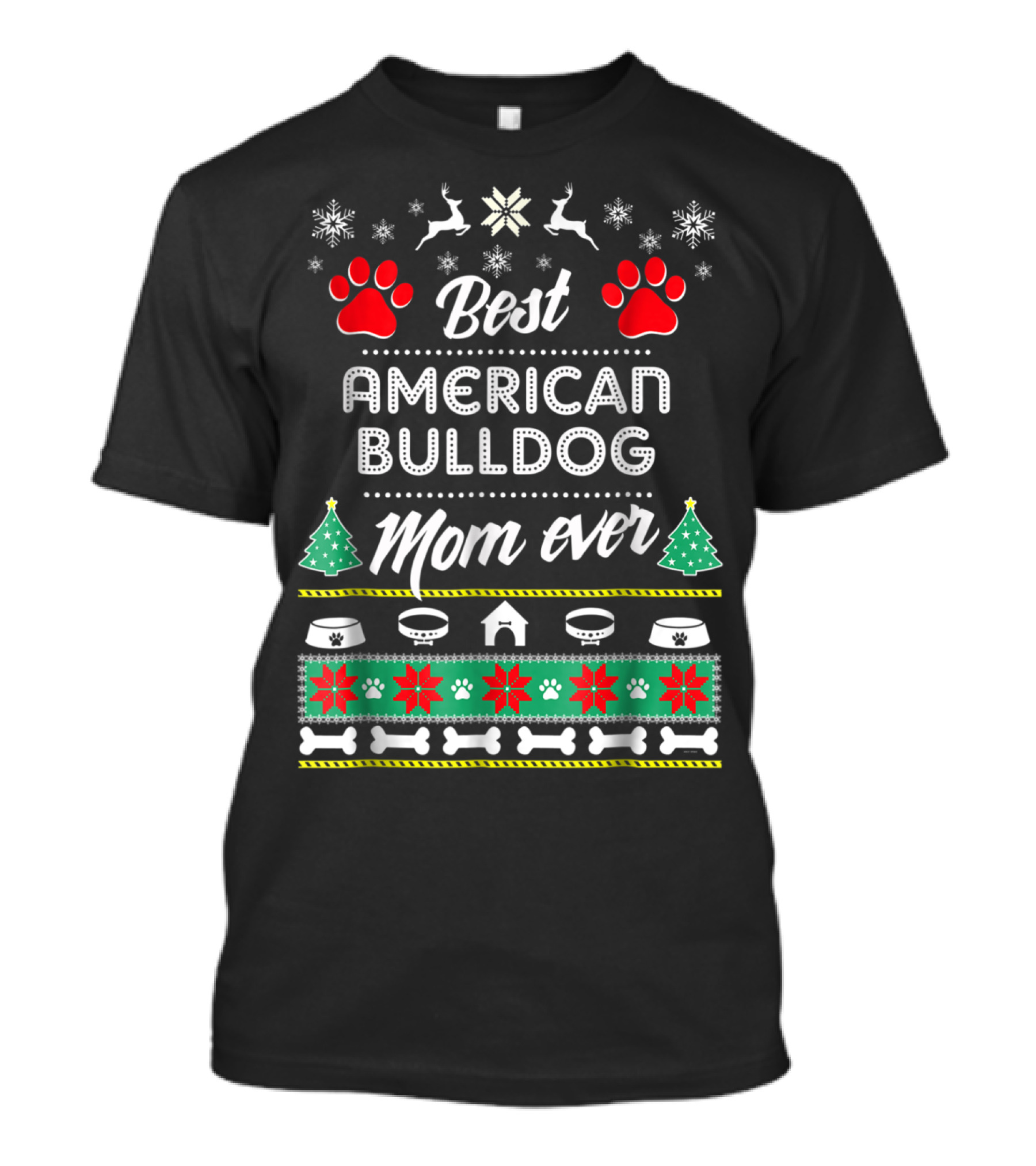Best American Bulldog Mom Ever Christmas Sweater Style With Paw Prints And Snowflakes T-Shirt