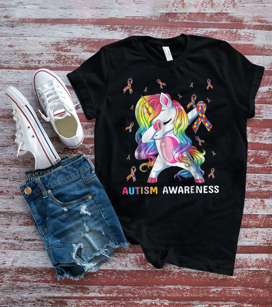 Autism Awareness Unicorn Dabbing With Rainbow Puzzle Ribbons T-Shirt