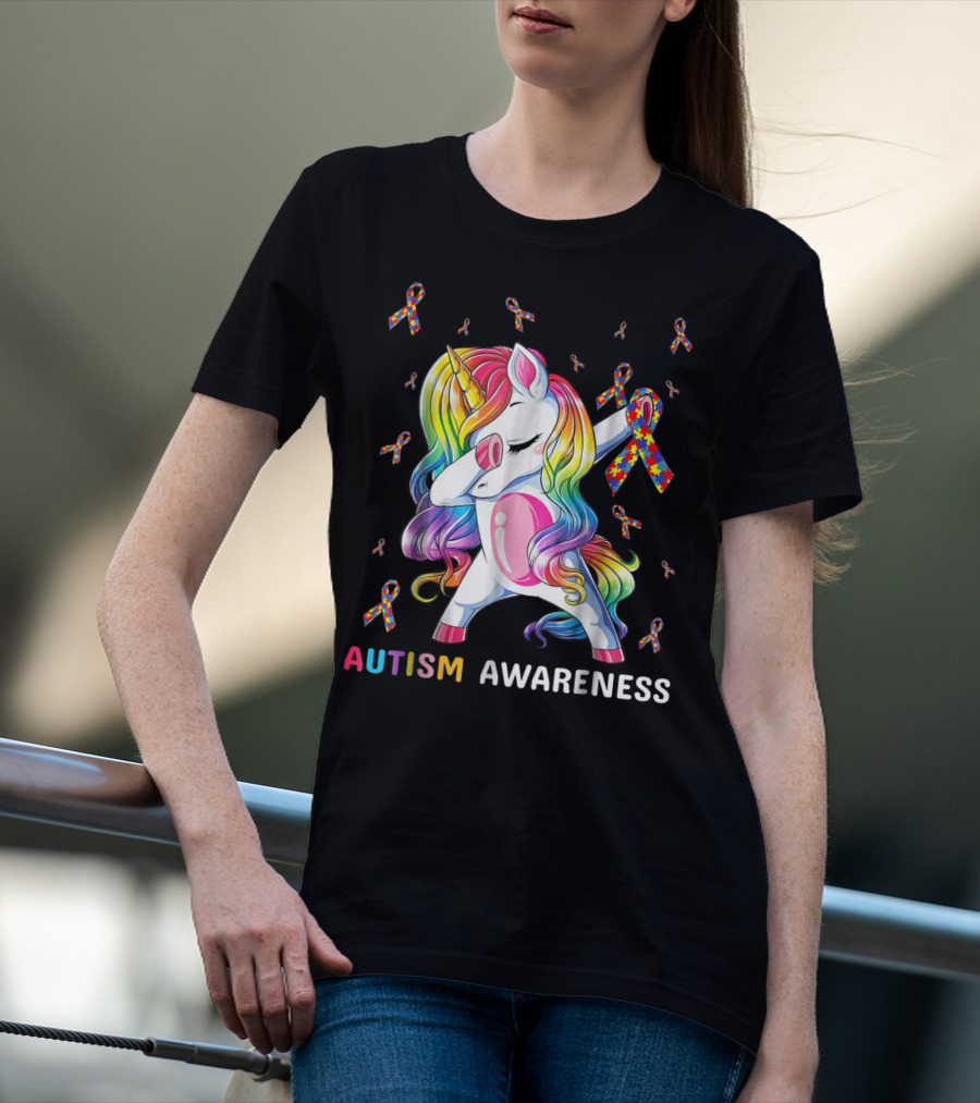 Autism Awareness Unicorn Dabbing With Rainbow Puzzle Ribbons T-Shirt