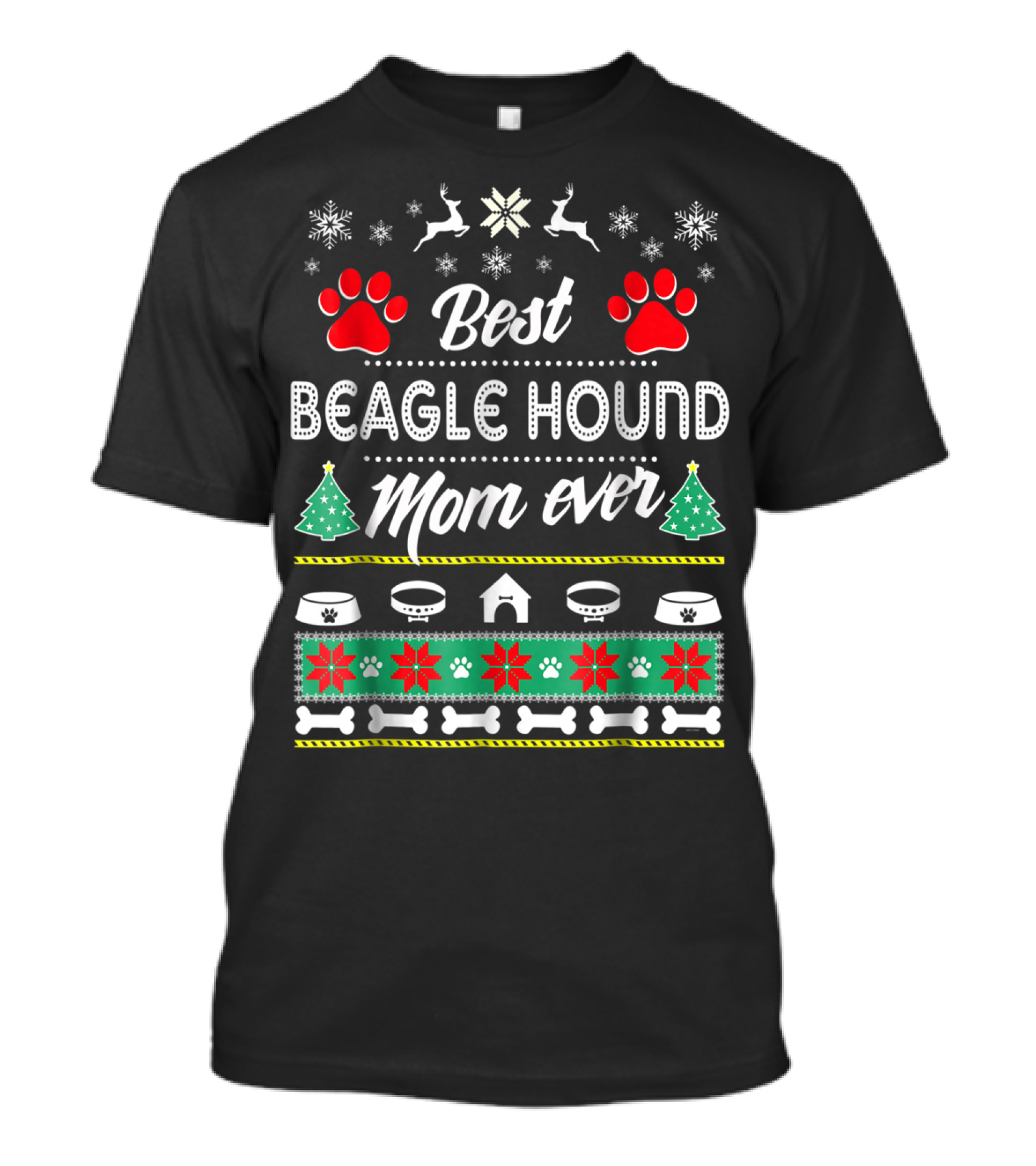 Best Beagle Hound Mom Ever Paw Trees Snowflakes And Bones T-Shirt