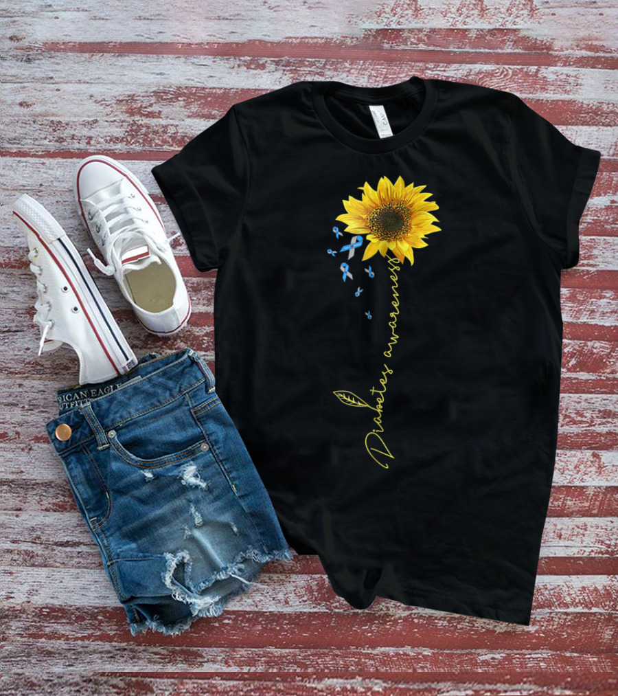 Diabetes Awareness Sunflower With Blue Ribbons T-Shirt