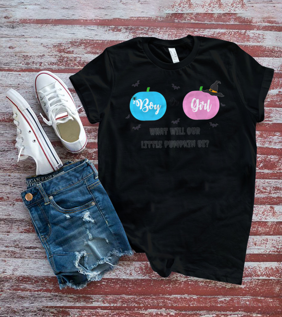 Boy Or Girl Halloween Gender Reveal What Will Our Little Pumpkin Be Dad Brother Sister78 T-Shirt